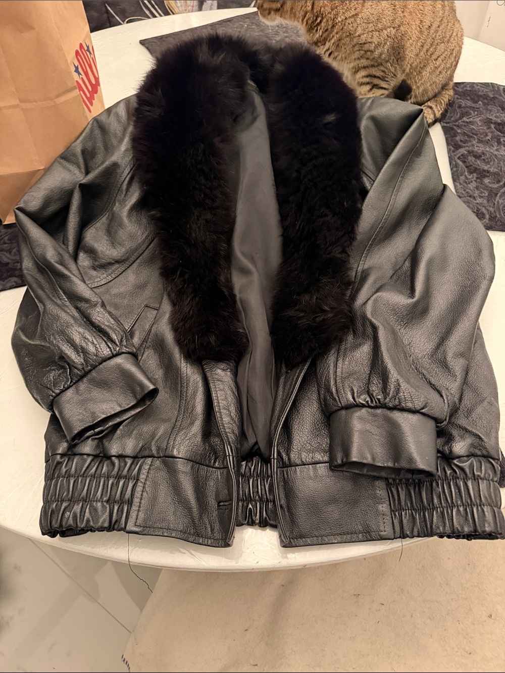Leather with fox fur collar